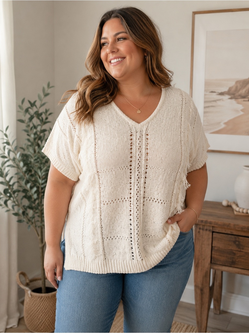J. Jill Cream Openwork V-Neck Short Sleeve Sweater